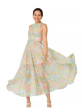 J. Mendel Pastel Floral Halter Maxi Dress - Pink, Blue, Green